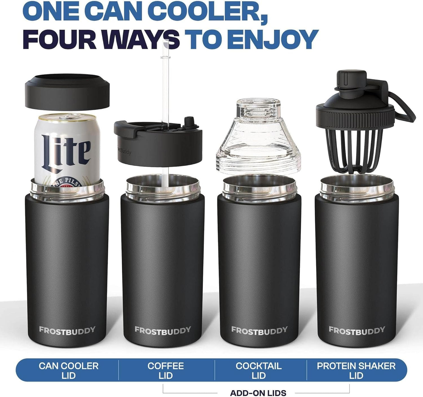 Universal Buddy Can Cooler - Fits All - for Regular 12 & 16 Oz or Slim-Size Bottles - Insulated Double -Walled Stainless Steel (All White)