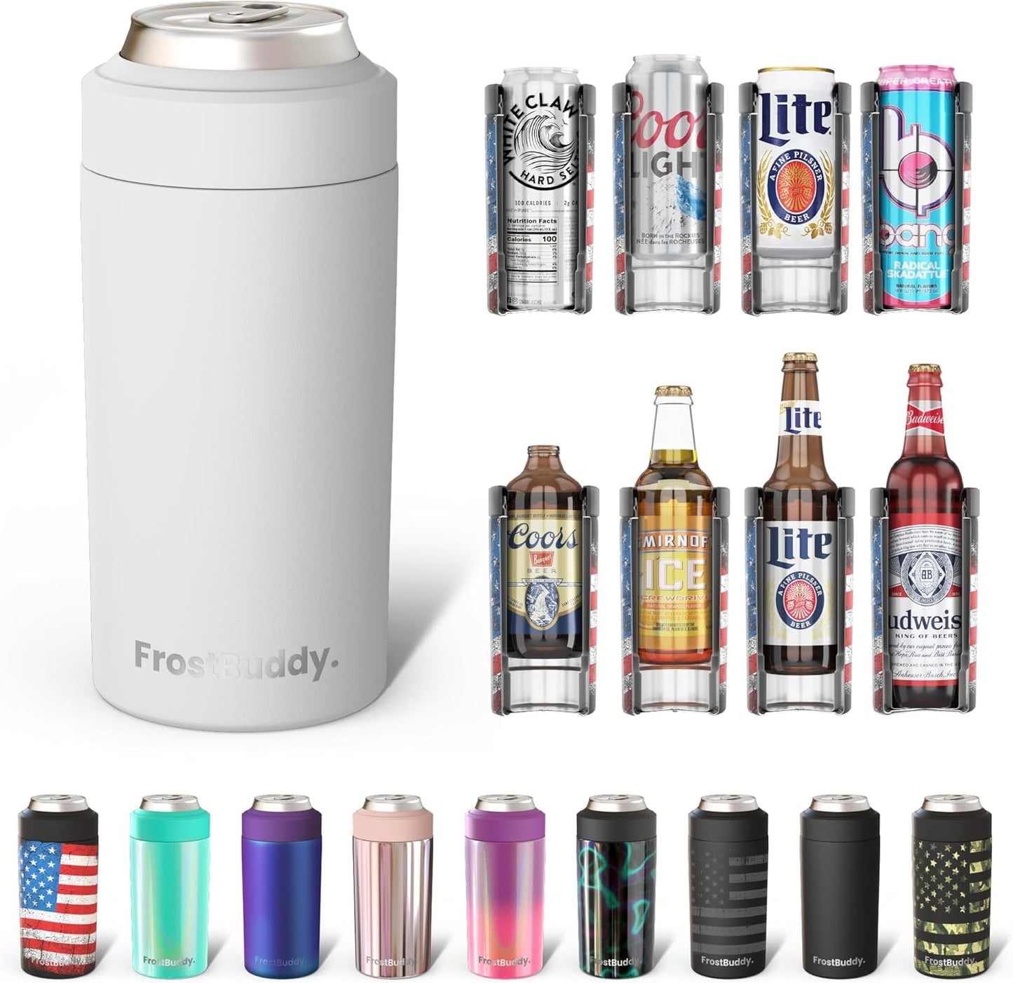 Universal Buddy Can Cooler - Fits All - for Regular 12 & 16 Oz or Slim-Size Bottles - Insulated Double -Walled Stainless Steel (All White)