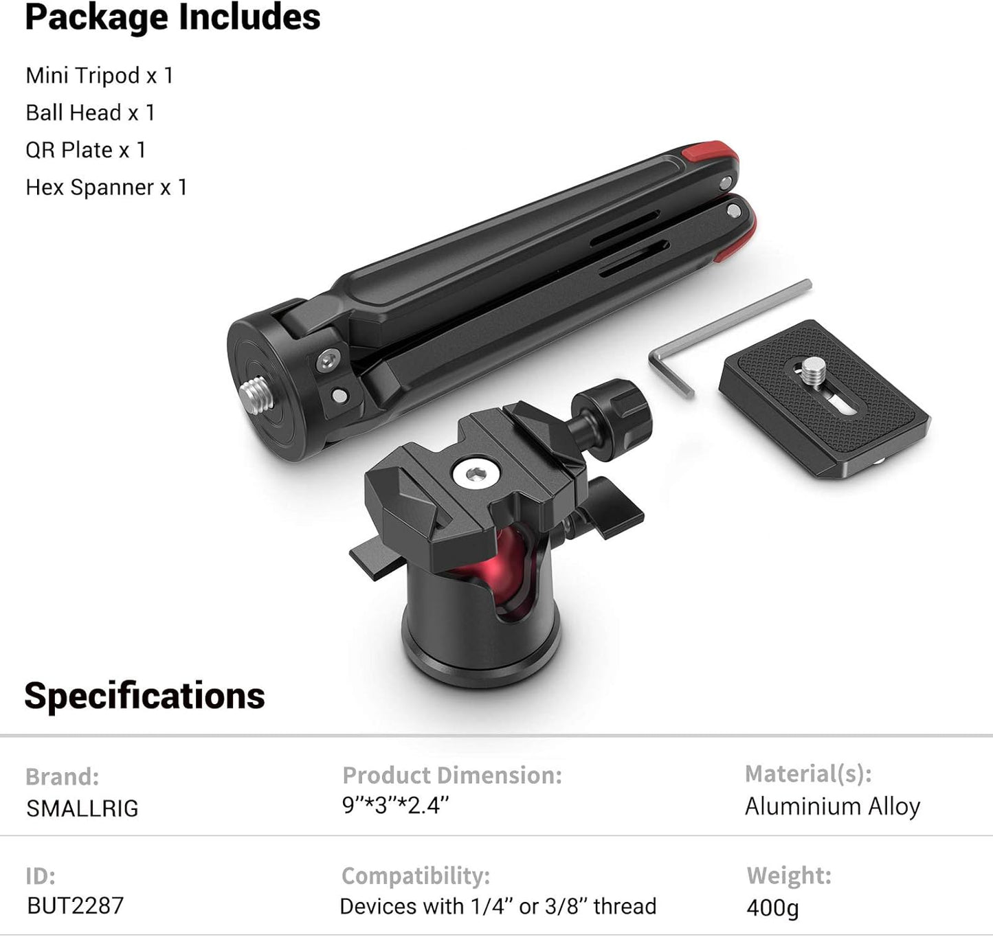 Tabletop Tripod, Mini Desktop Travel Tripod Aluminum Alloy with 360 Degree Ball Head and Quick Release Plate Lightweight and Portable for Compact Cameras Dslrs, Phone, Gopro(Black)- BUT2287